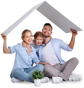 A smiling family sitting beneath a paper roof cutout, representing a protected home in Beltsville