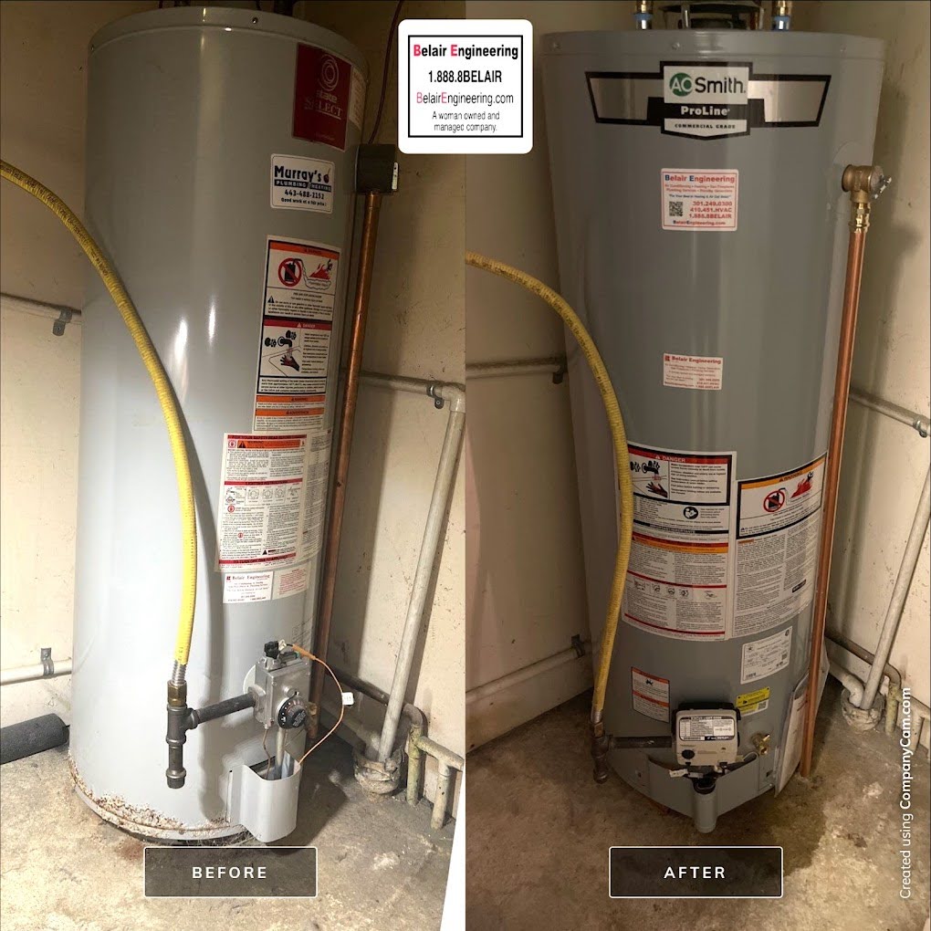 A before and after photo of a water heater professionally installed by Belair in Annapolis